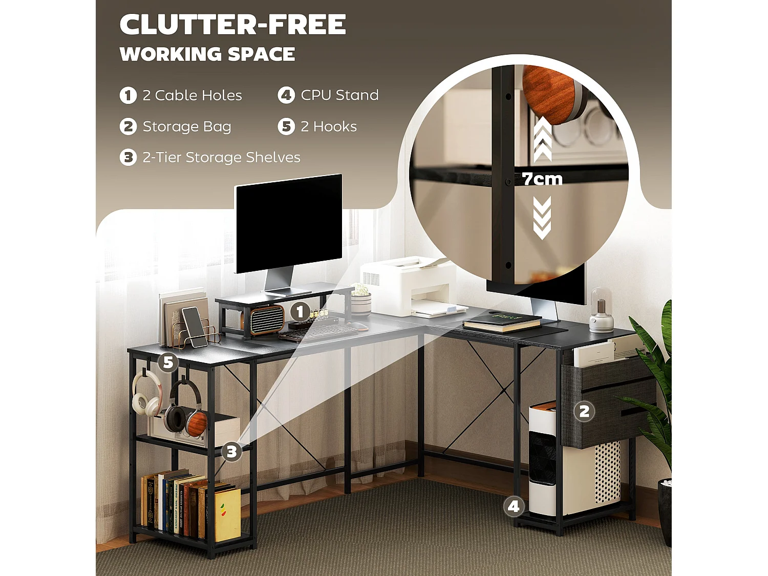 Kadoso 168cm Black Reversible Industrial L Shaped Desk with Adjustable Shelves and Monitor Stand