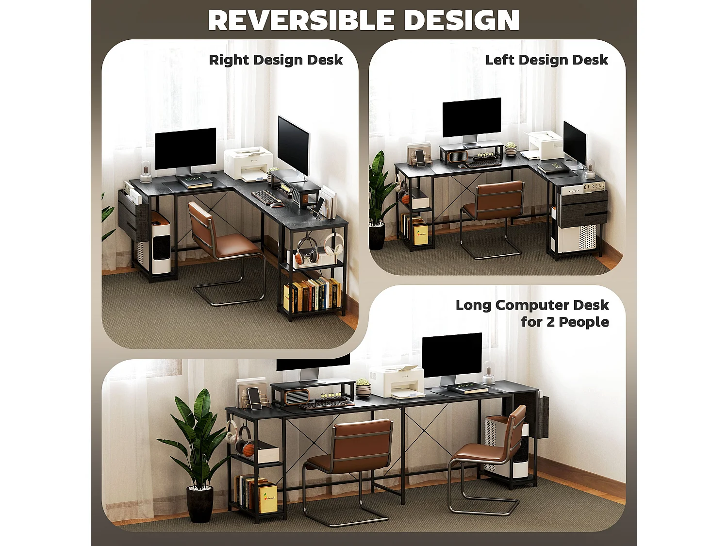 Kadoso 168cm Black Reversible Industrial L Shaped Desk with Adjustable Shelves and Monitor Stand