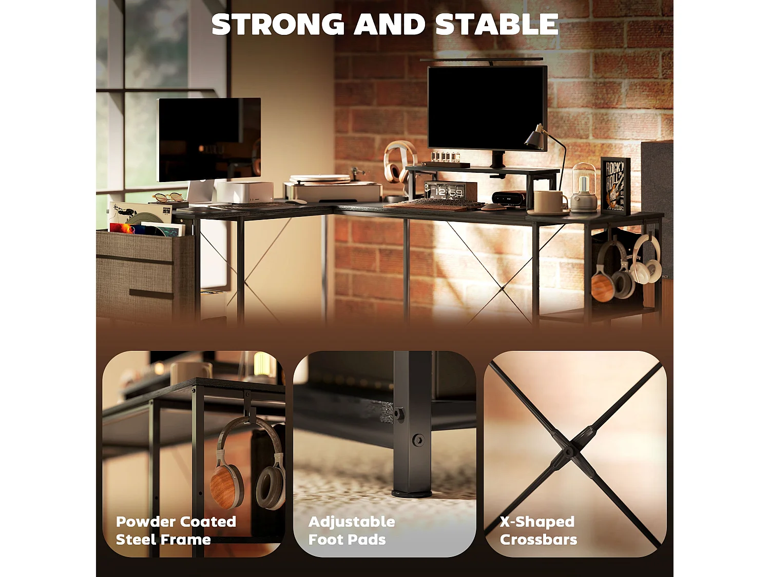 Kadoso 168cm Black Reversible Industrial L Shaped Desk with Adjustable Shelves and Monitor Stand