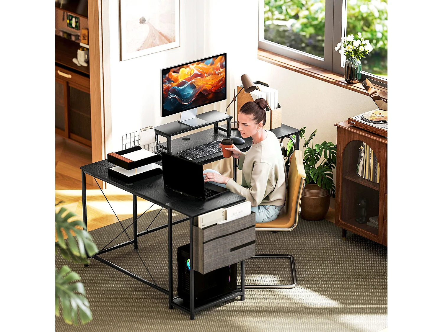 Kadoso 168cm Black Reversible Industrial L Shaped Desk with Adjustable Shelves and Monitor Stand