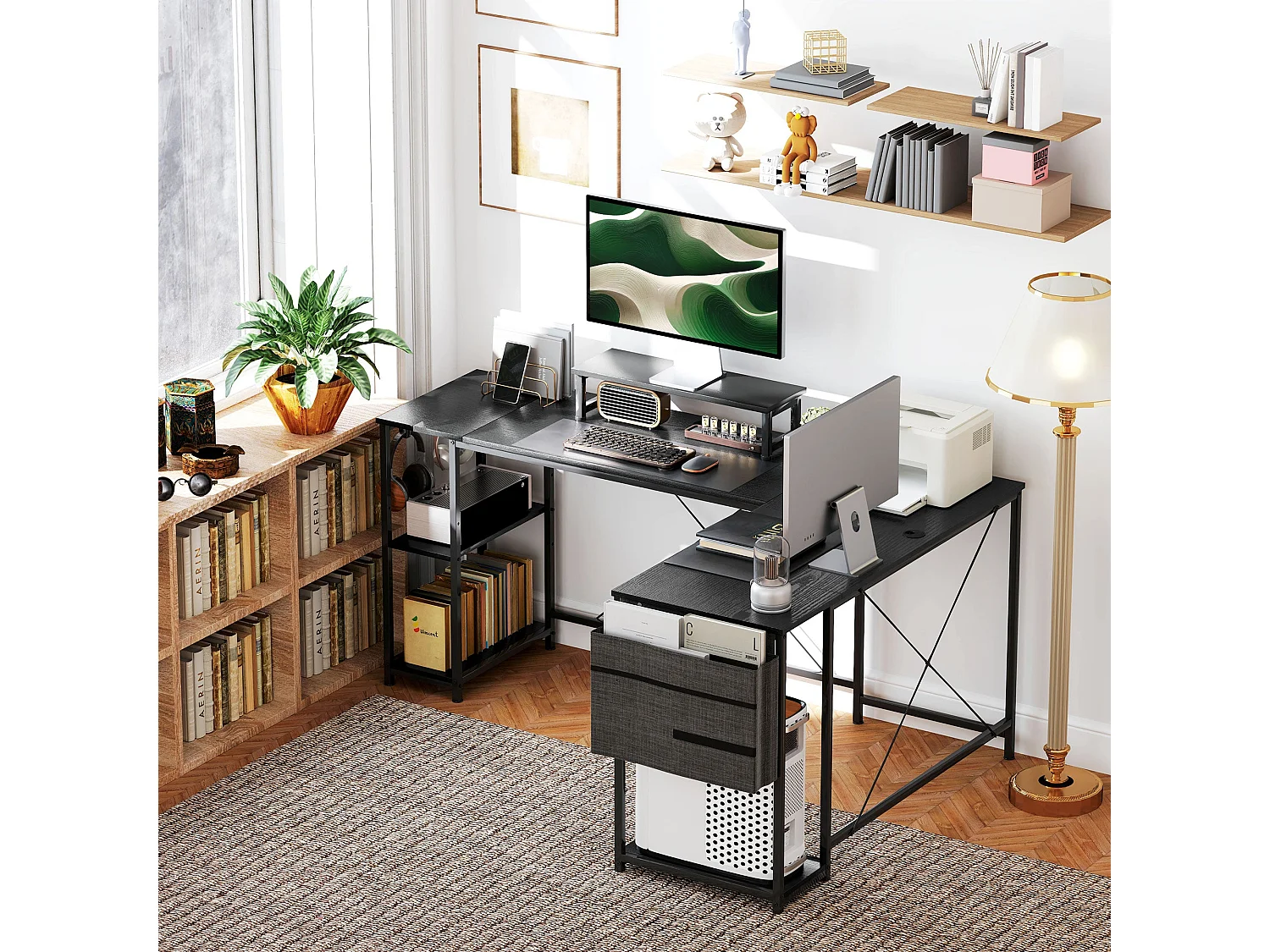 Kadoso 168cm Black Reversible Industrial L Shaped Desk with Adjustable Shelves and Monitor Stand