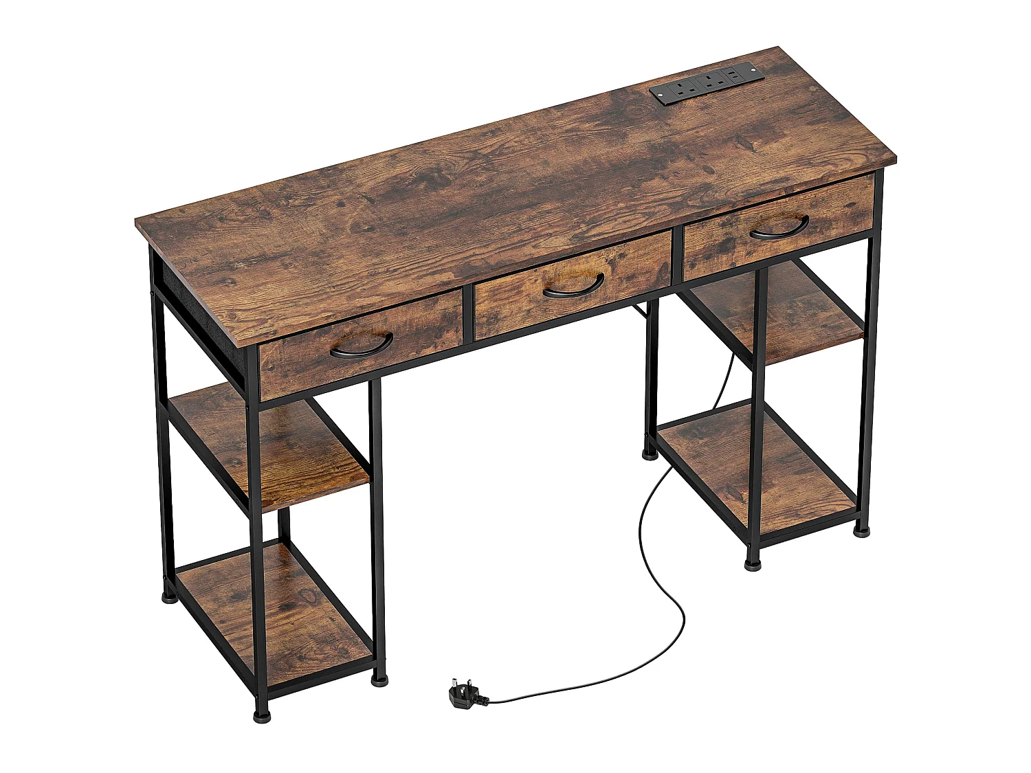 Hariva 120cm Rustic Brown Home Office Desk with Power Outlets 3 Fabric Drawers and 4 Shelves