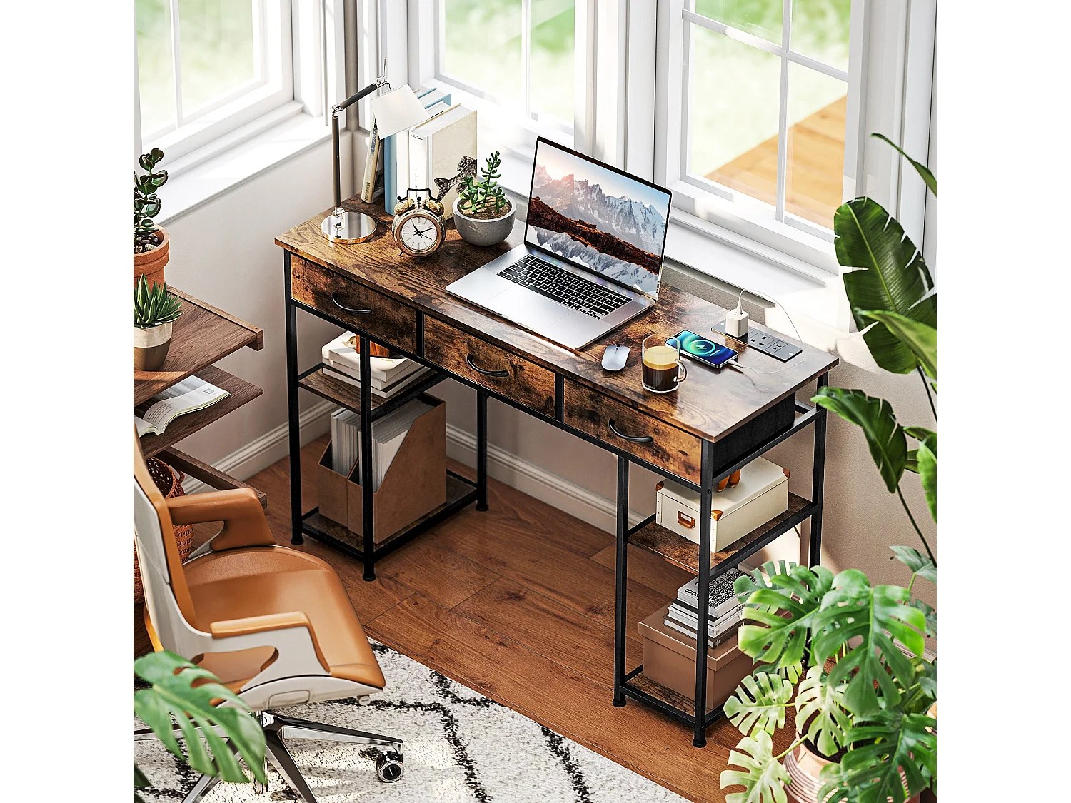 Hariva 120cm Rustic Brown Home Office Desk with Power Outlets 3 Fabric Drawers and 4 Shelves