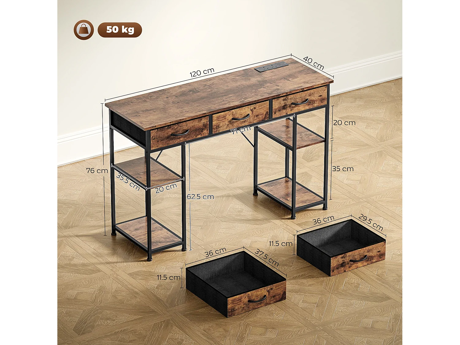 Hariva 120cm Rustic Brown Home Office Desk with Power Outlets 3 Fabric Drawers and 4 Shelves