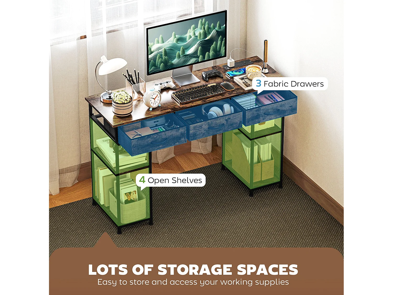 Hariva 120cm Rustic Brown Home Office Desk with Power Outlets 3 Fabric Drawers and 4 Shelves