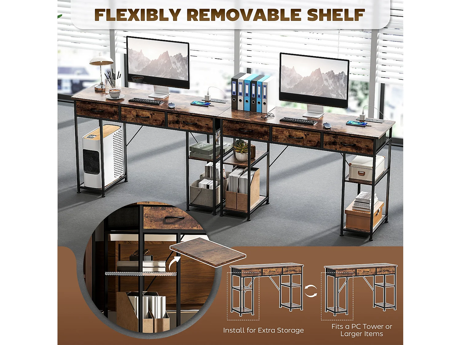 Hariva 120cm Rustic Brown Home Office Desk with Power Outlets 3 Fabric Drawers and 4 Shelves