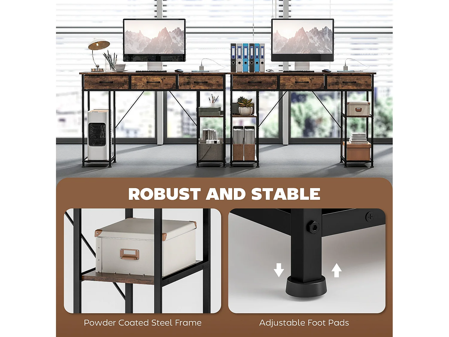 Hariva 120cm Rustic Brown Home Office Desk with Power Outlets 3 Fabric Drawers and 4 Shelves