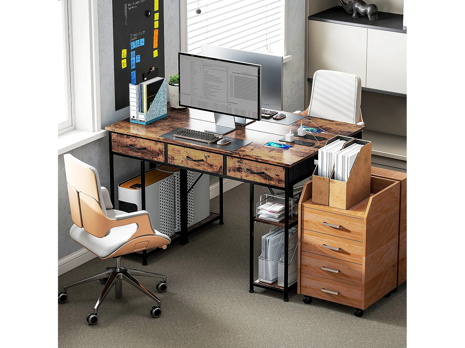 Hariva 120cm Rustic Brown Home Office Desk with Power Outlets 3 Fabric Drawers and 4 Shelves