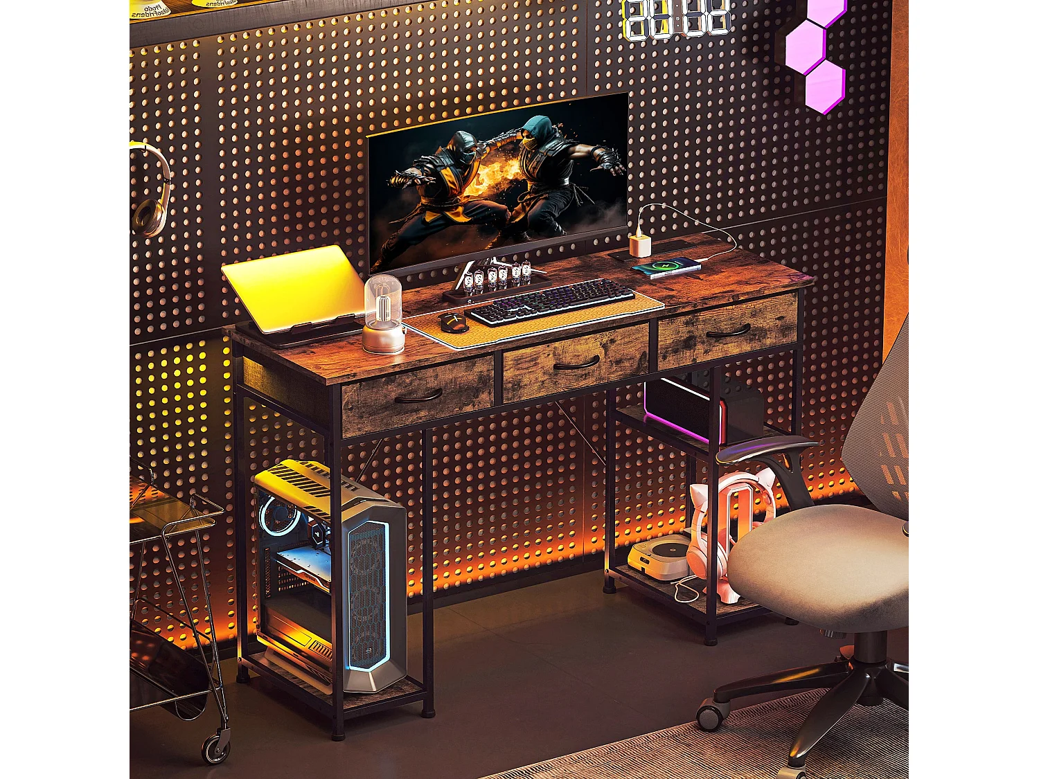 Hariva 120cm Rustic Brown Home Office Desk with Power Outlets 3 Fabric Drawers and 4 Shelves