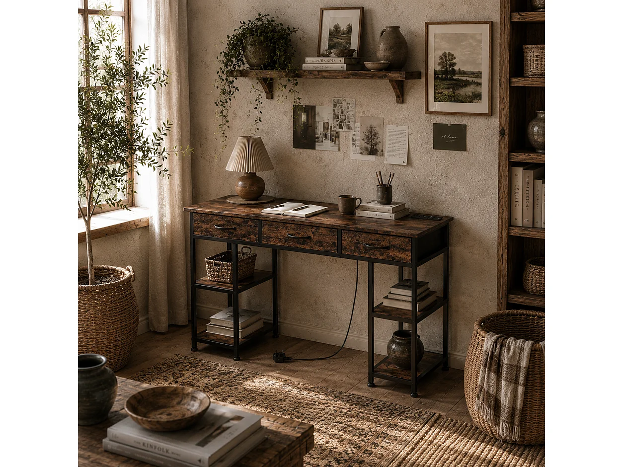 Hariva 120cm Rustic Brown Home Office Desk with Power Outlets 3 Fabric Drawers and 4 Shelves