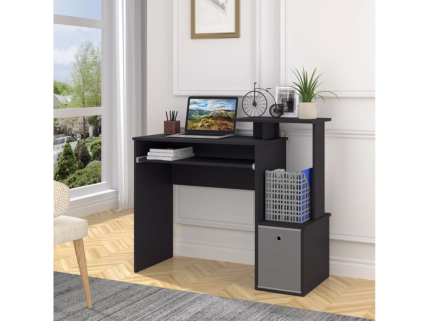 Noelni 100cm Black Home Office Desk Sliding Keyboard Tray Drawer and Shelves