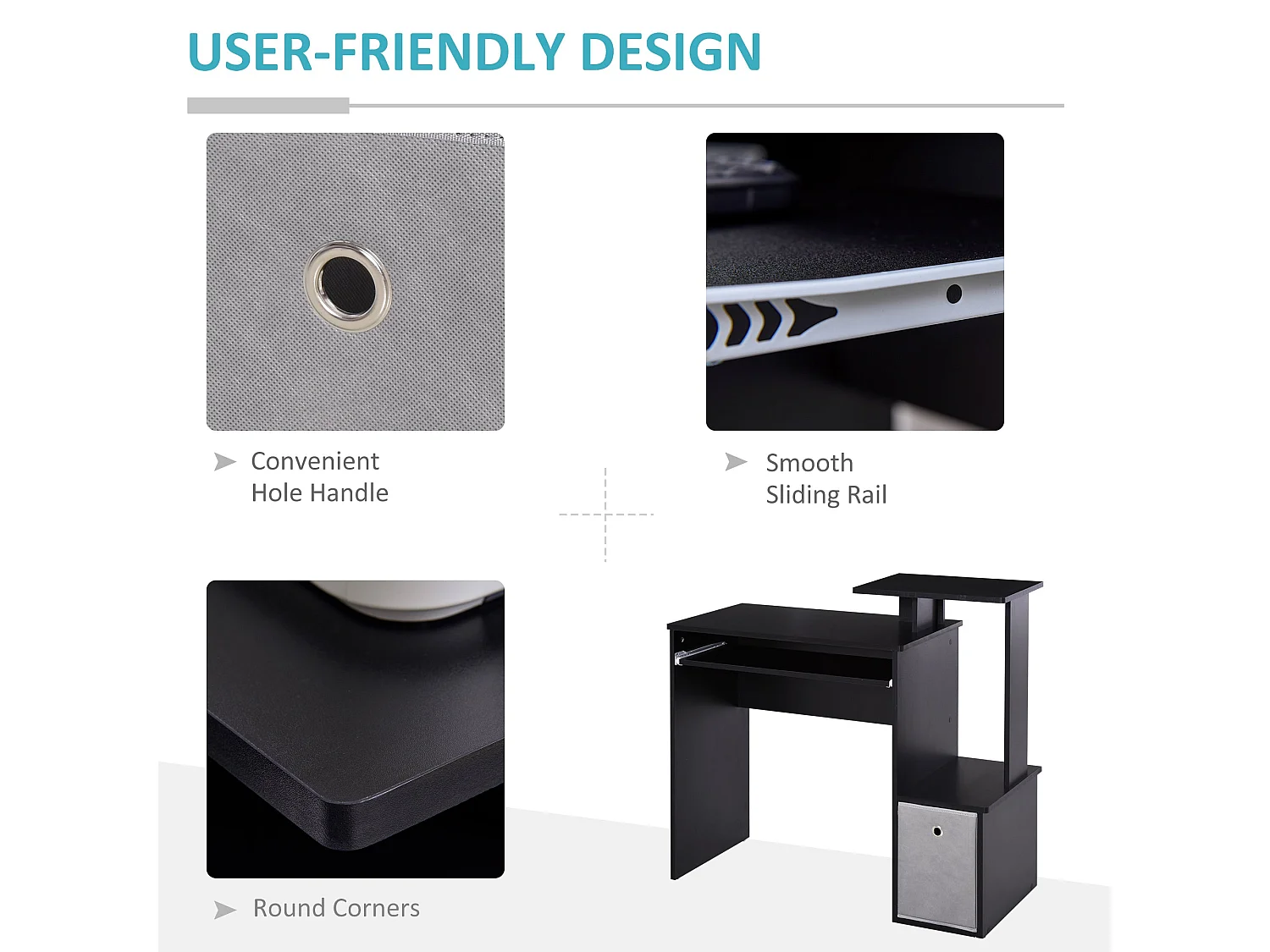 Noelni 100cm Black Home Office Desk Sliding Keyboard Tray Drawer and Shelves