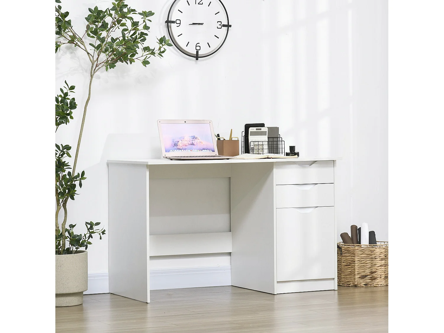 Niba 120cm High Gloss White Desk with Drawers and Cabinet