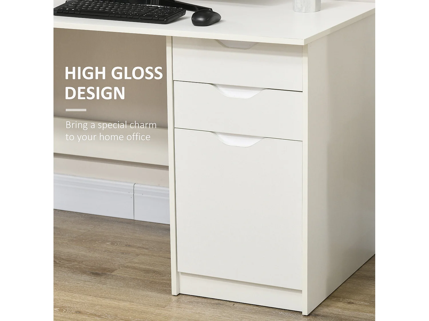 Niba 120cm High Gloss White Desk with Drawers and Cabinet