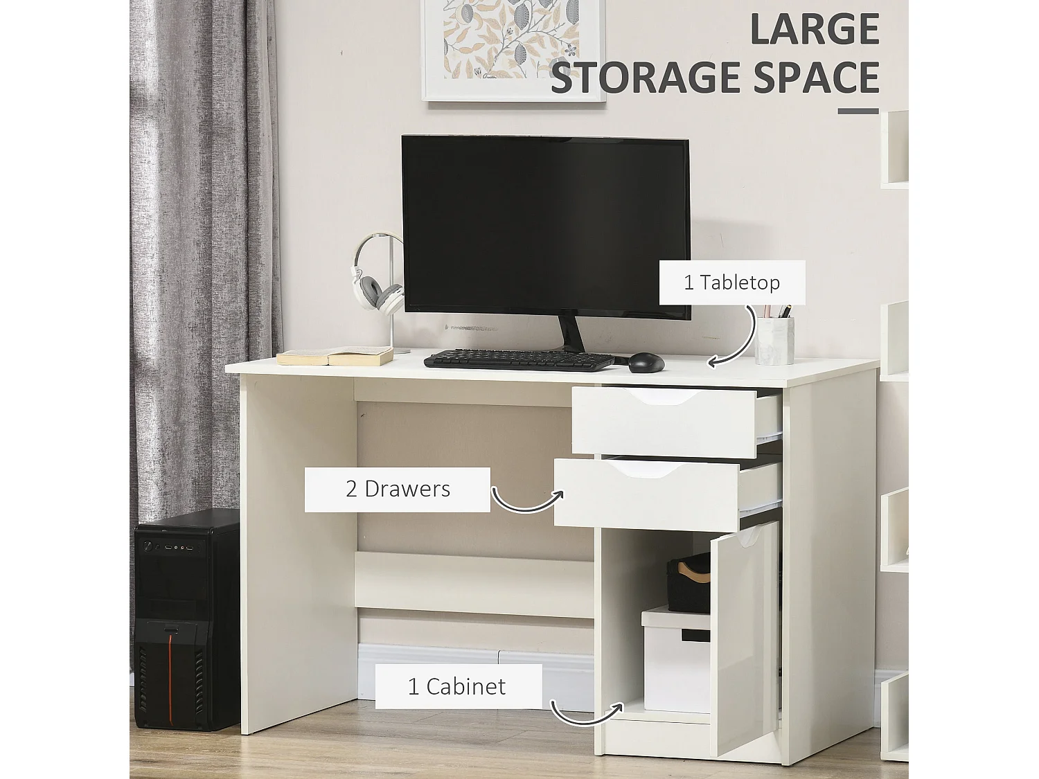 Niba 120cm High Gloss White Desk with Drawers and Cabinet