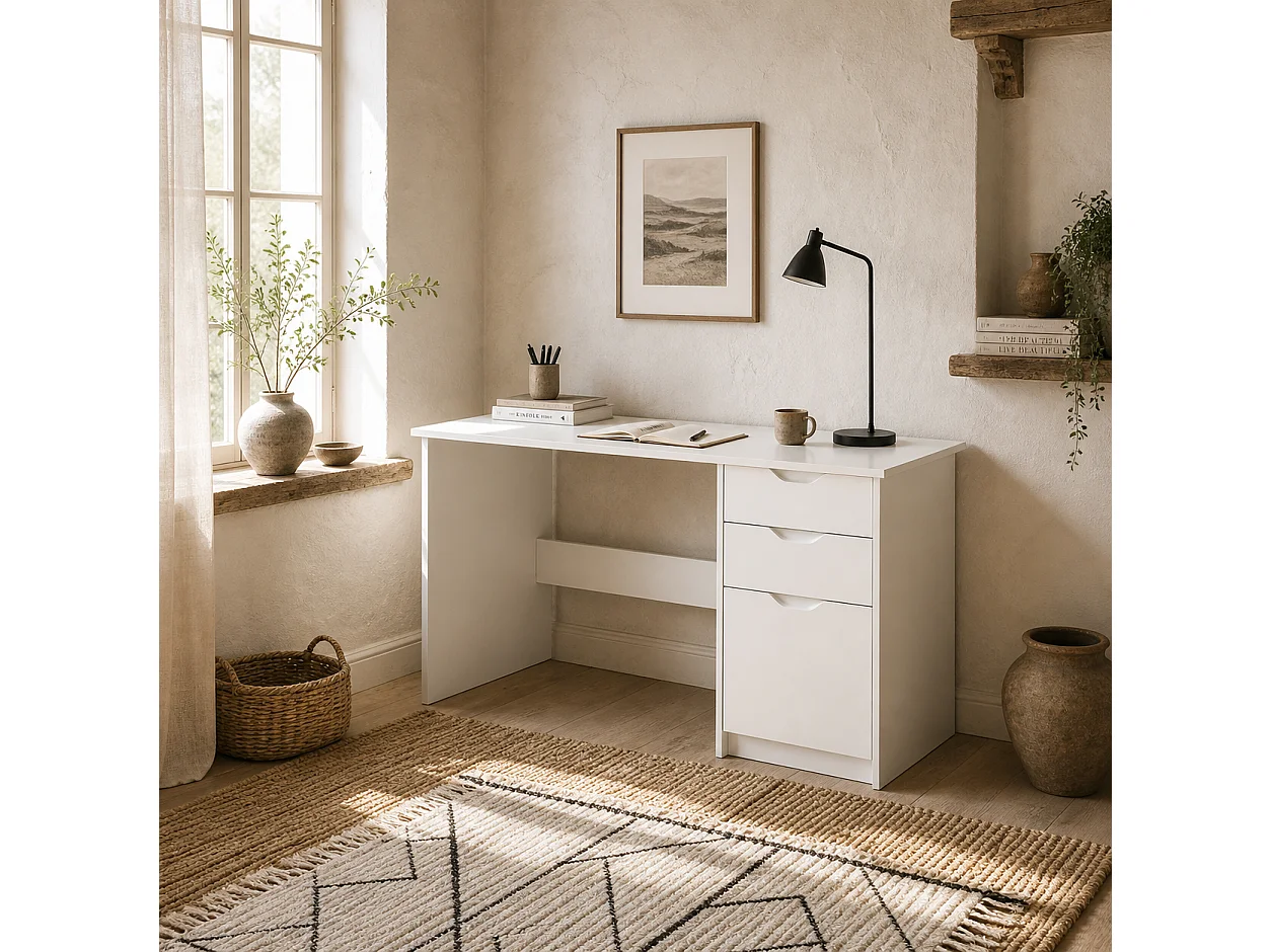 Niba 120cm High Gloss White Desk with Drawers and Cabinet