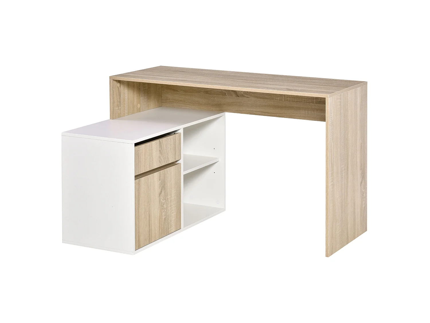 Kavi 120cm Oak Effect and White L Shaped Desk with Drawer Shelves and Cabinet