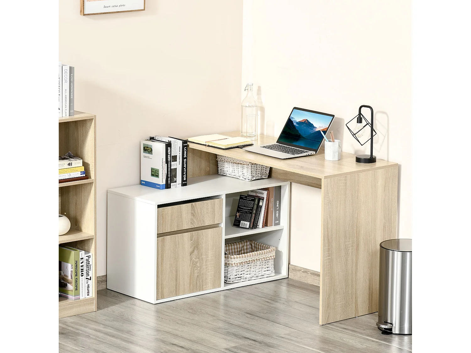 Kavi 120cm Oak Effect and White L Shaped Desk with Drawer Shelves and Cabinet