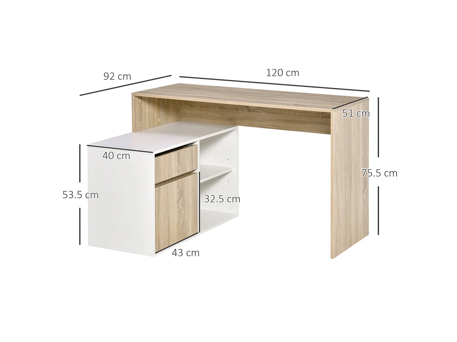 Kavi 120cm Oak Effect and White L Shaped Desk with Drawer Shelves and Cabinet