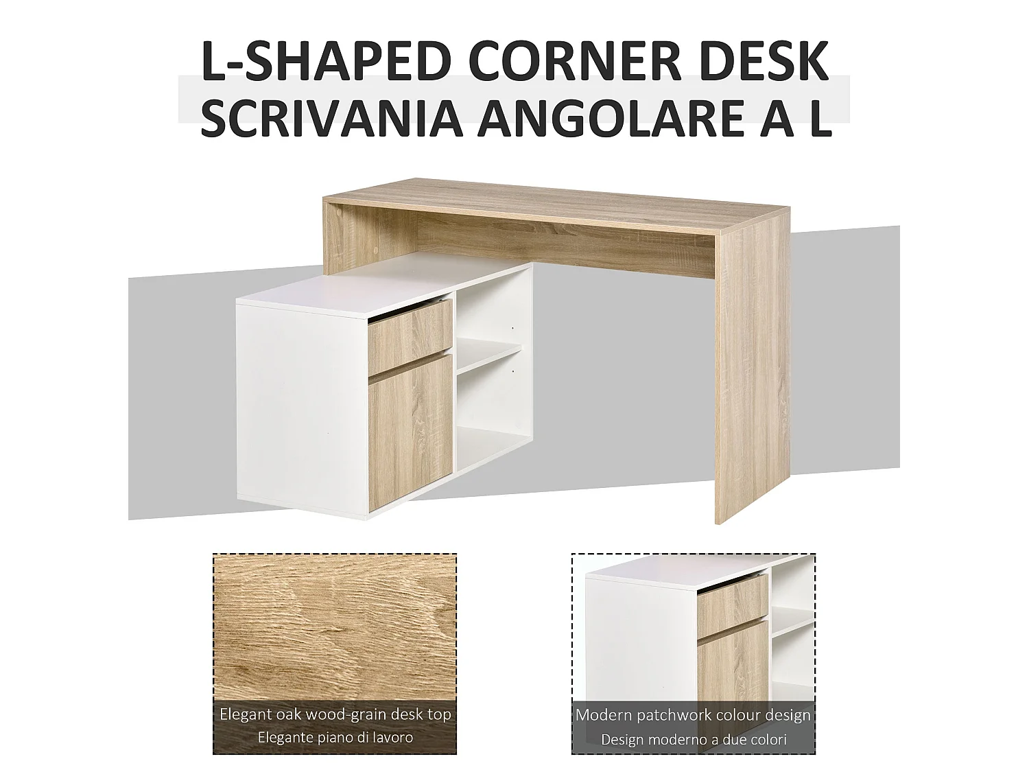 Kavi 120cm Oak Effect and White L Shaped Desk with Drawer Shelves and Cabinet