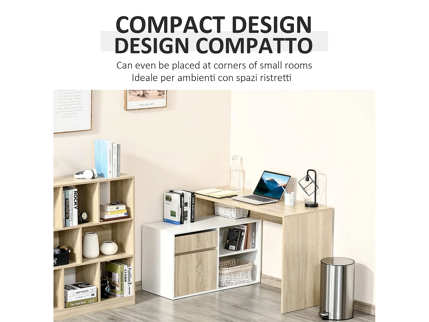 Kavi 120cm Oak Effect and White L Shaped Desk with Drawer Shelves and Cabinet