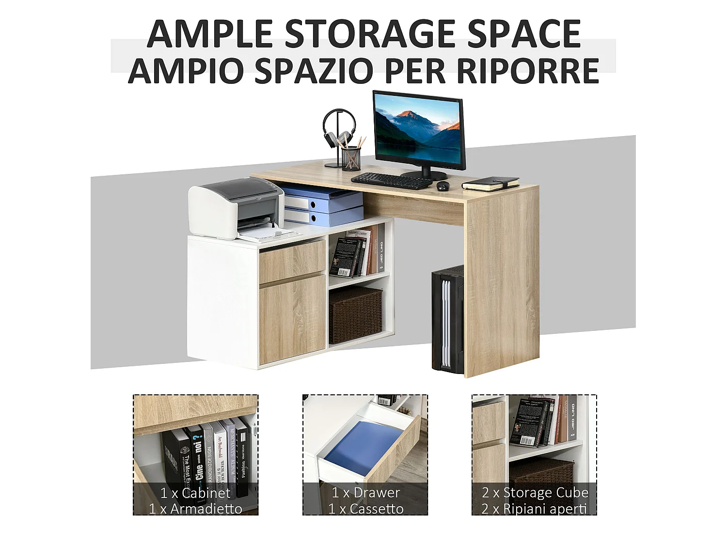 Kavi 120cm Oak Effect and White L Shaped Desk with Drawer Shelves and Cabinet