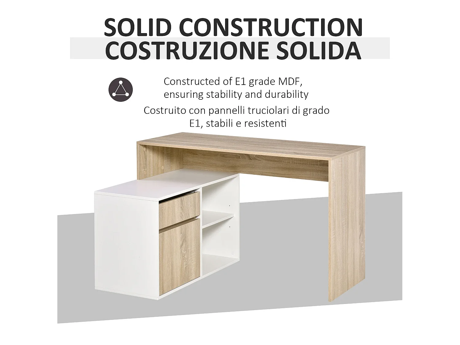 Kavi 120cm Oak Effect and White L Shaped Desk with Drawer Shelves and Cabinet