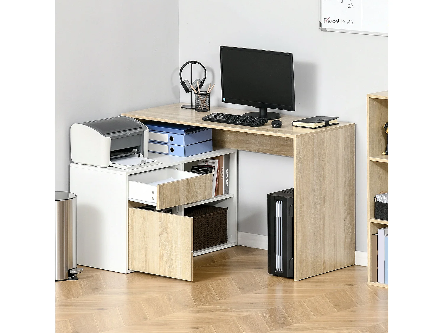 Kavi 120cm Oak Effect and White L Shaped Desk with Drawer Shelves and Cabinet