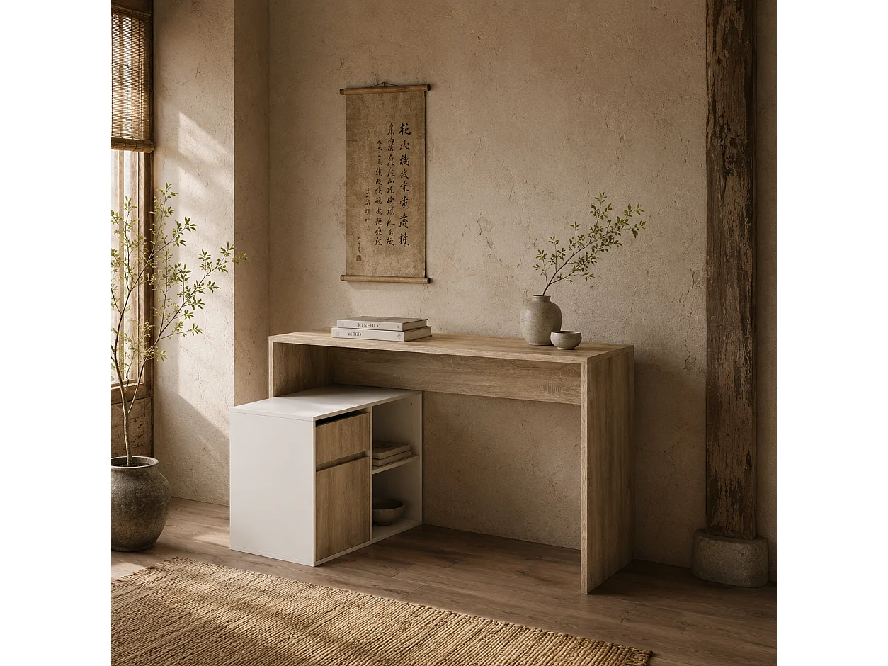 Kavi 120cm Oak Effect and White L Shaped Desk with Drawer Shelves and Cabinet