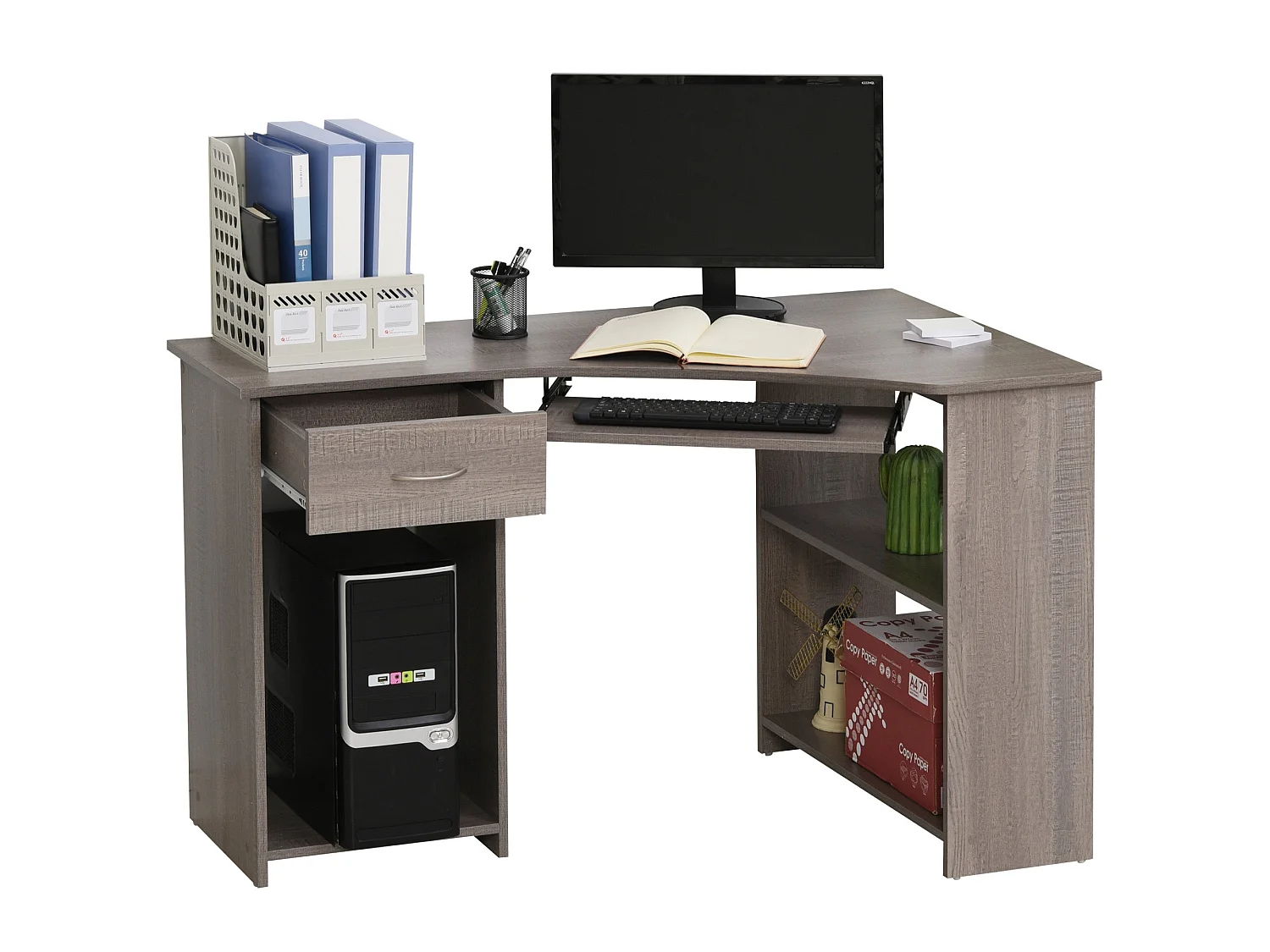 Nifi 120cm Grey L Shaped Corner Desk with Keyboard Tray Drawer Shelves