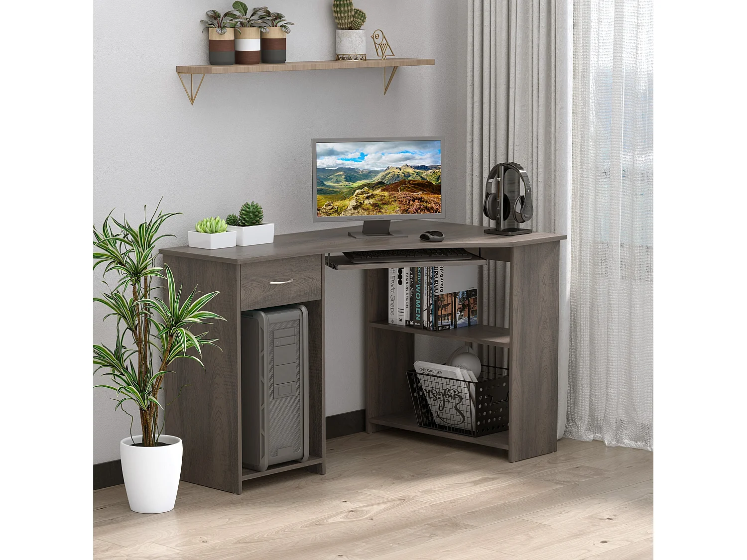 Nifi 120cm Grey L Shaped Corner Desk with Keyboard Tray Drawer Shelves