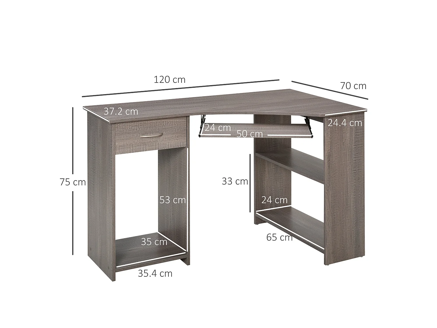 Nifi 120cm Grey L Shaped Corner Desk with Keyboard Tray Drawer Shelves