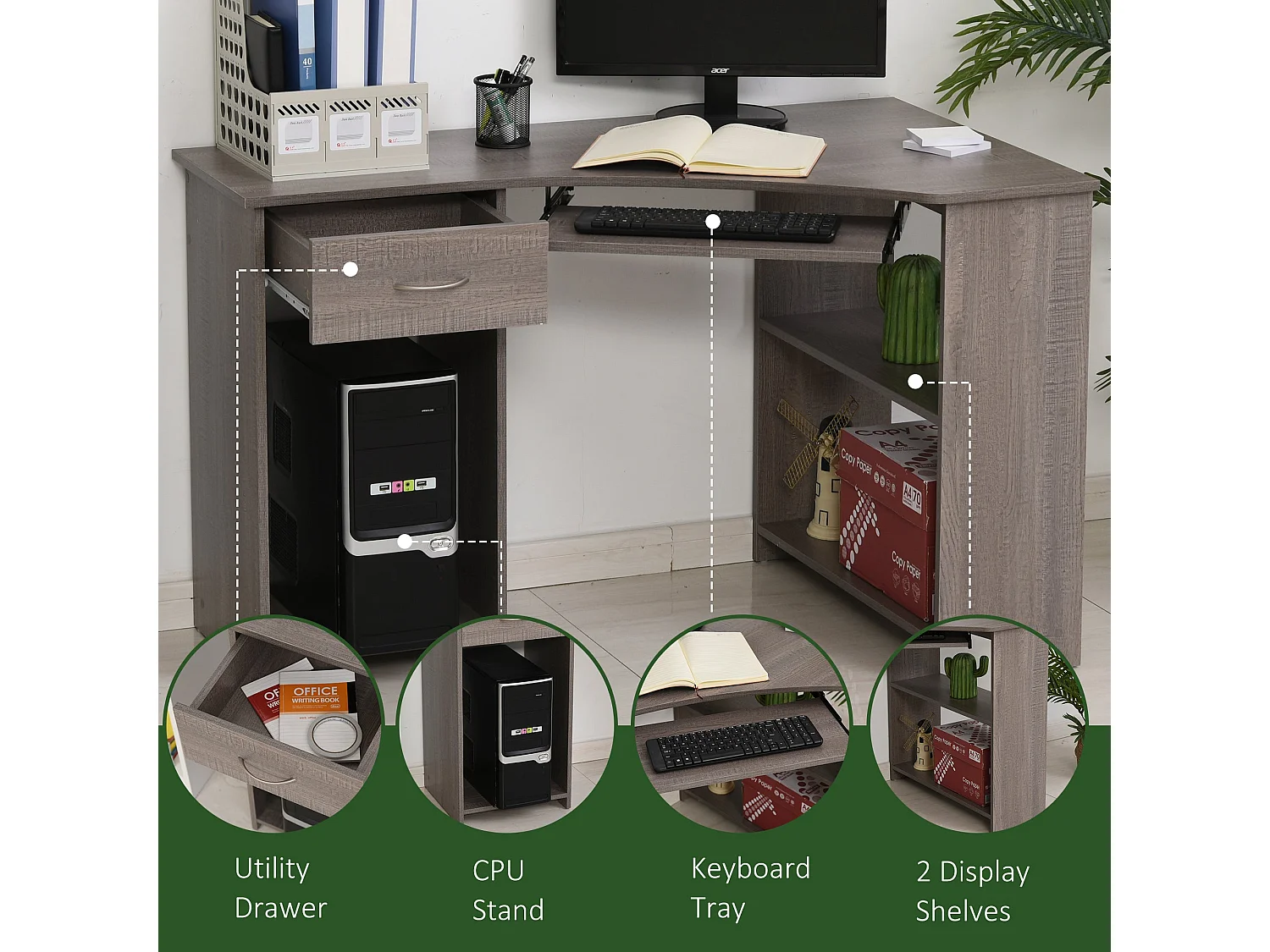Nifi 120cm Grey L Shaped Corner Desk with Keyboard Tray Drawer Shelves