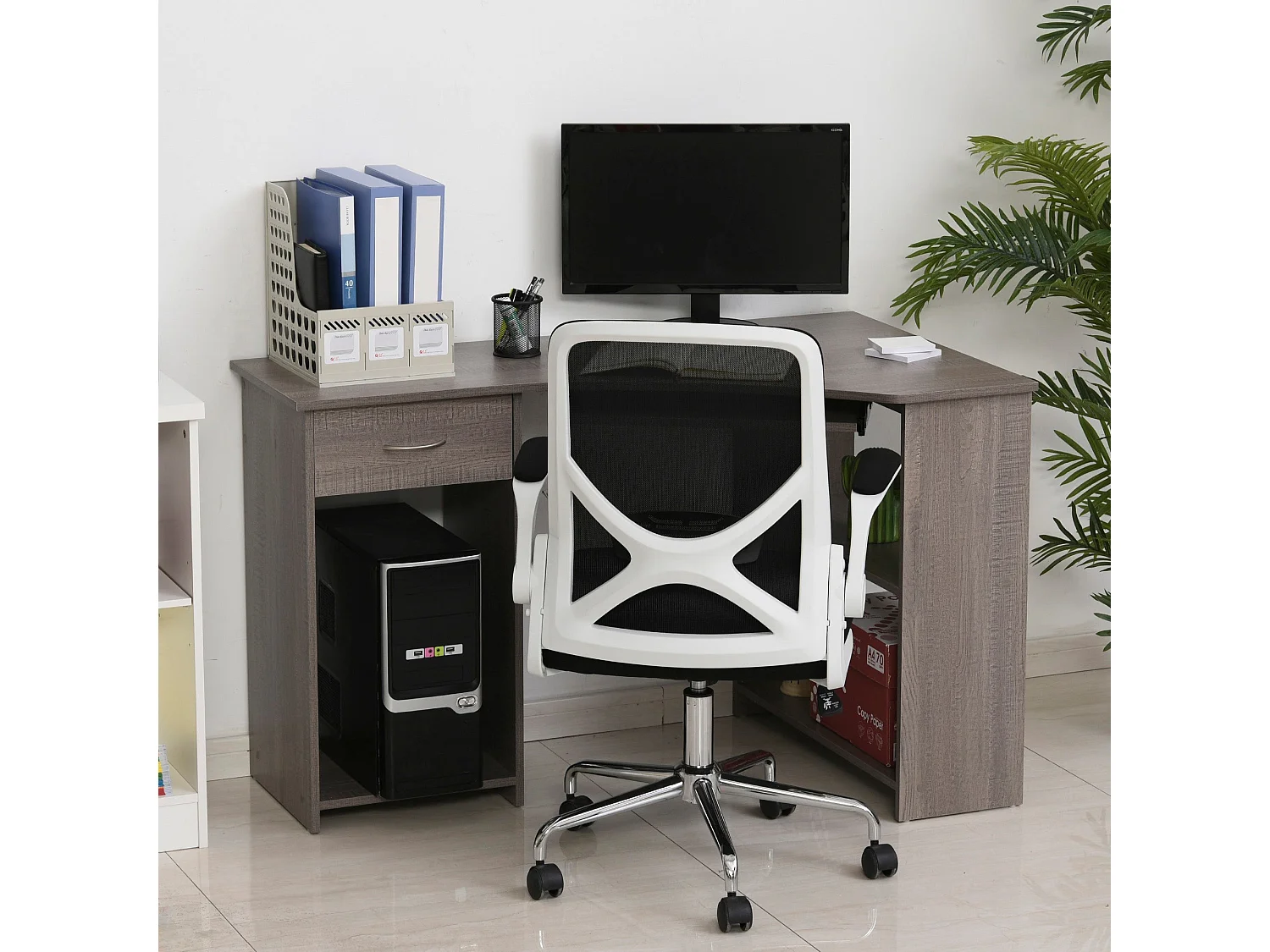Nifi 120cm Grey L Shaped Corner Desk with Keyboard Tray Drawer Shelves