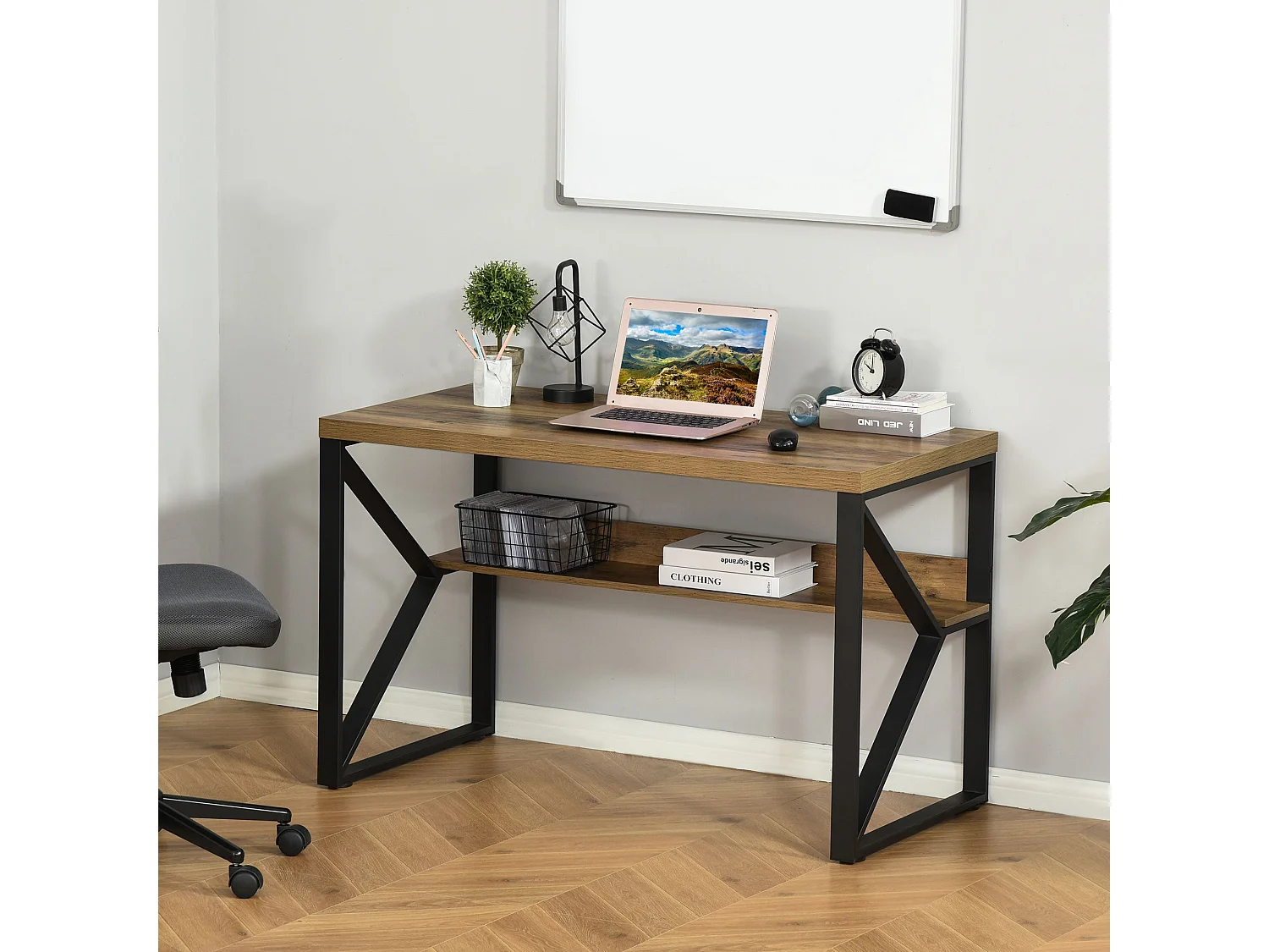 Filudi 120cm Wood Effect Desk Black and Brown with Storage Shelf