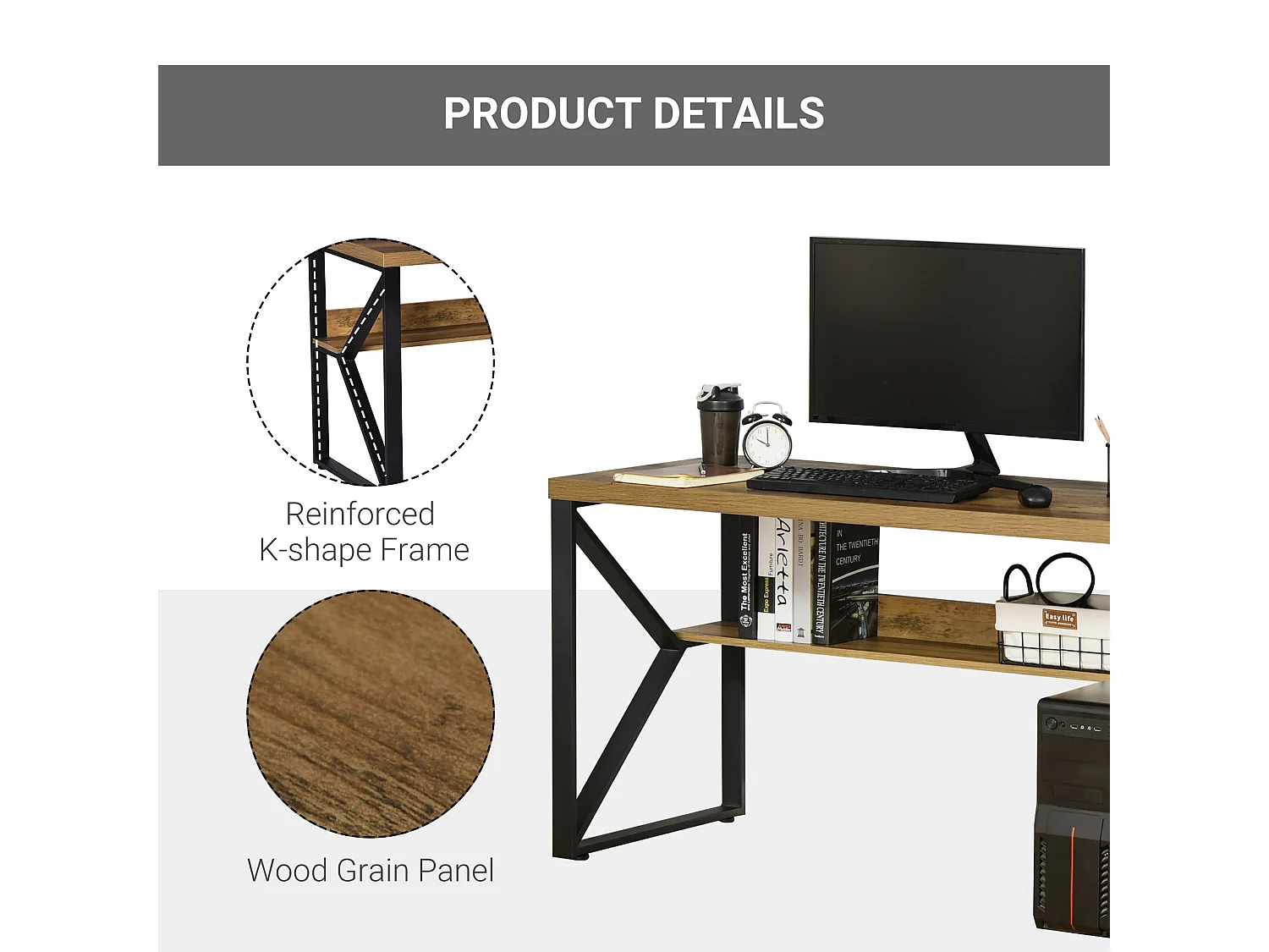 Filudi 120cm Wood Effect Desk Black and Brown with Storage Shelf