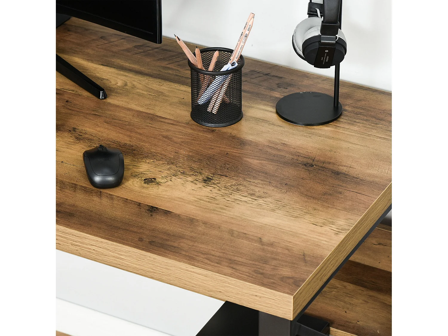 Filudi 120cm Wood Effect Desk Black and Brown with Storage Shelf