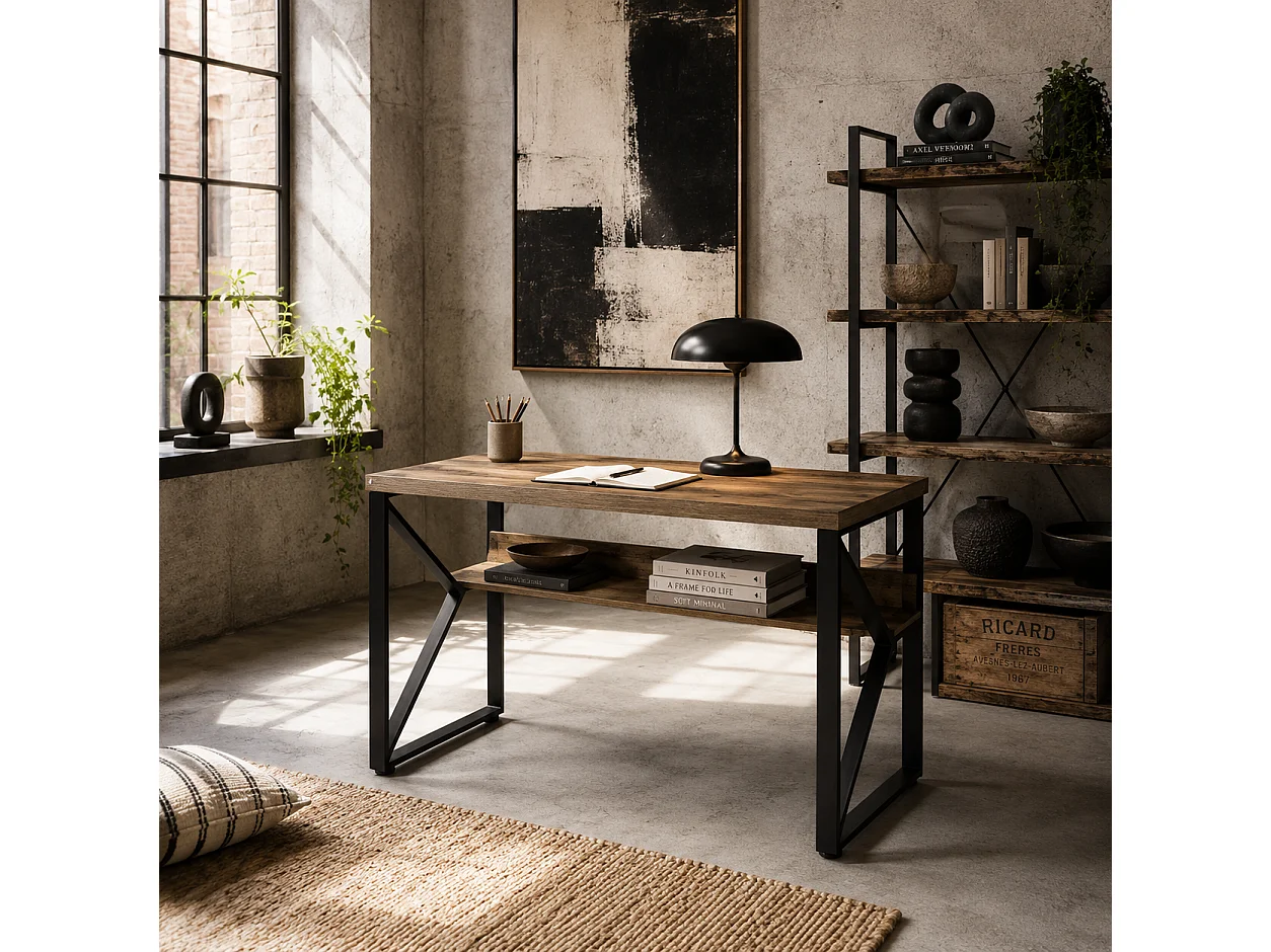 Filudi 120cm Wood Effect Desk Black and Brown with Storage Shelf