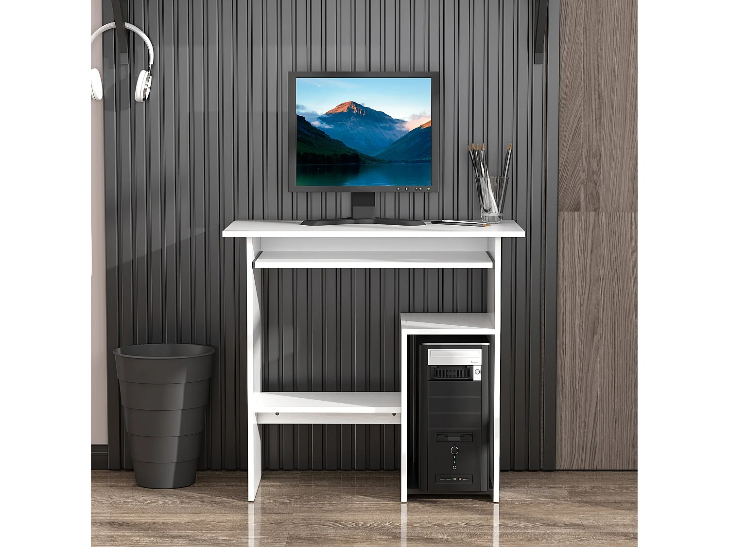 Rolu Compact White Computer Desk 80x45cm with Keyboard Tray and Storage Shelves