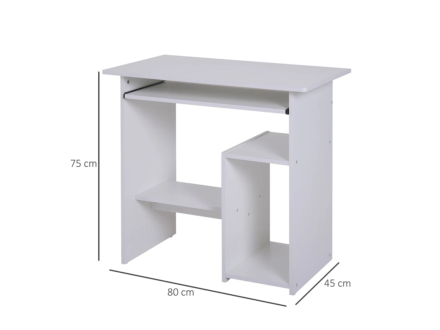 Rolu Compact White Computer Desk 80x45cm with Keyboard Tray and Storage Shelves