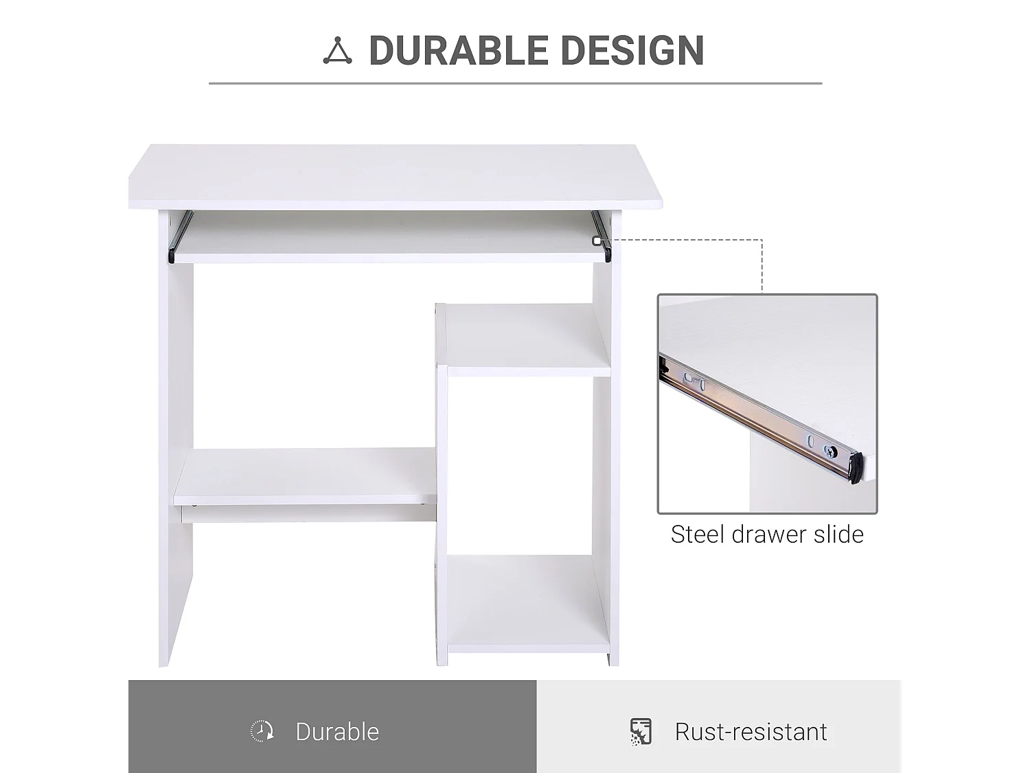 Rolu Compact White Computer Desk 80x45cm with Keyboard Tray and Storage Shelves