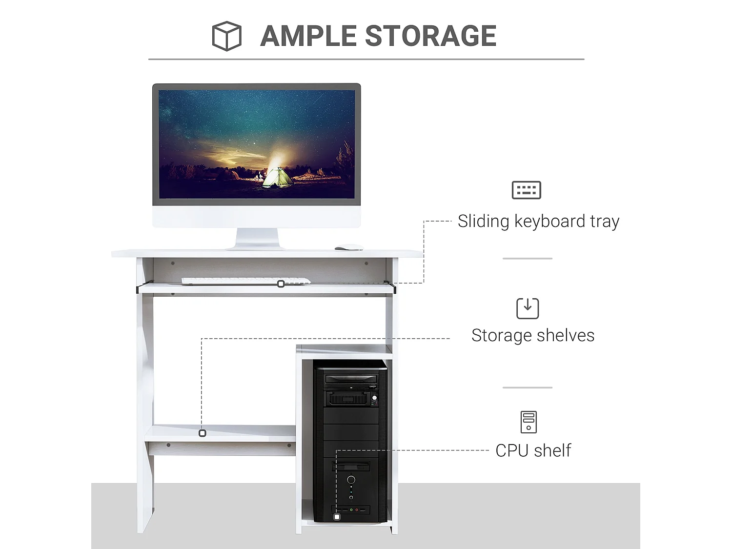 Rolu Compact White Computer Desk 80x45cm with Keyboard Tray and Storage Shelves