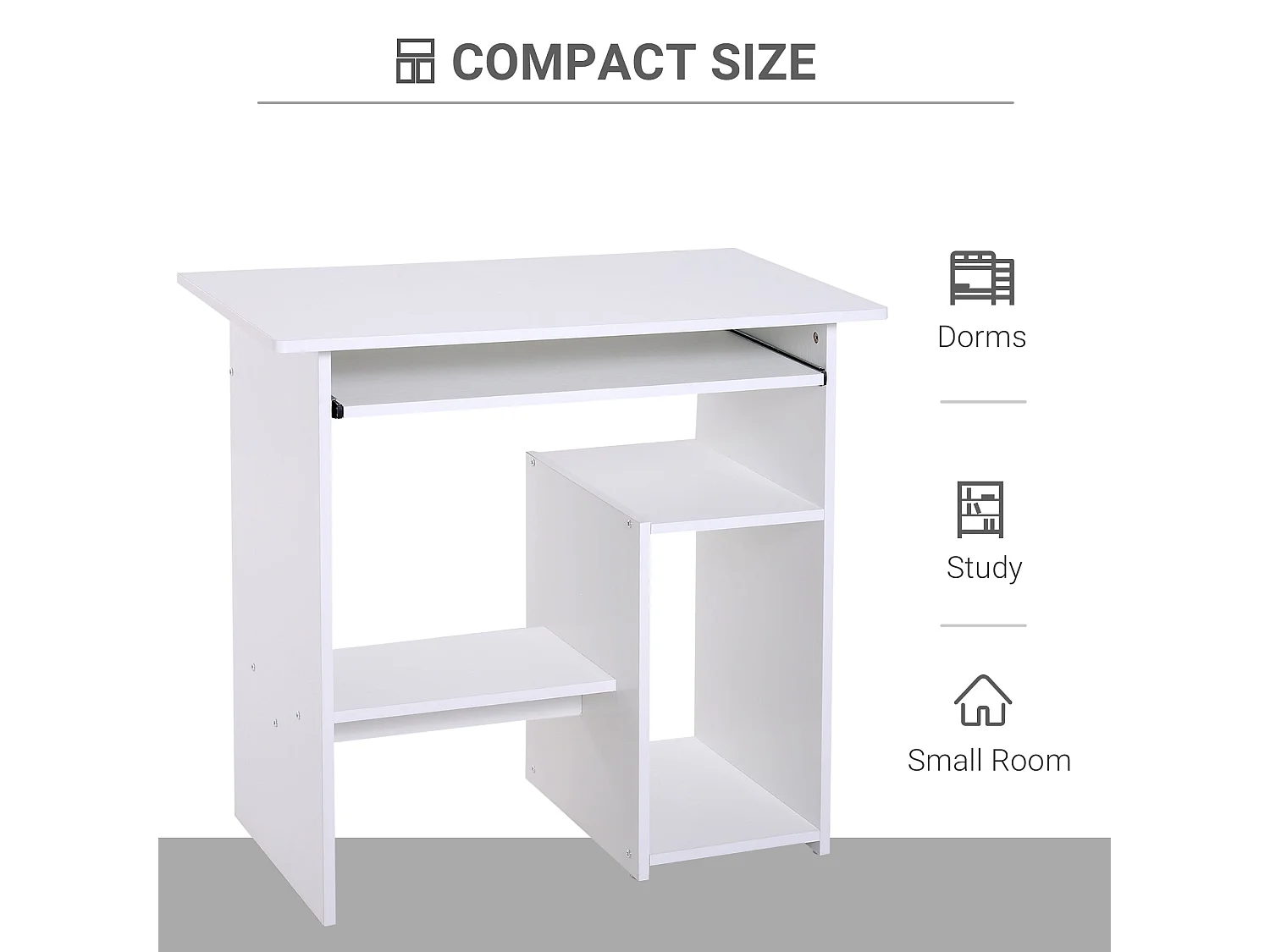 Rolu Compact White Computer Desk 80x45cm with Keyboard Tray and Storage Shelves