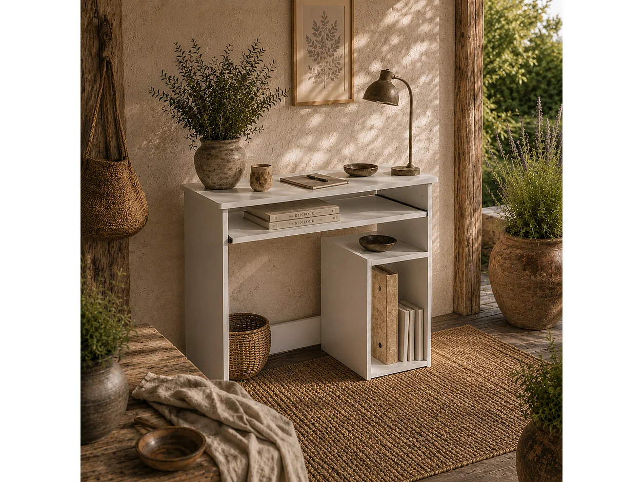 Rolu Compact White Computer Desk 80x45cm with Keyboard Tray and Storage Shelves