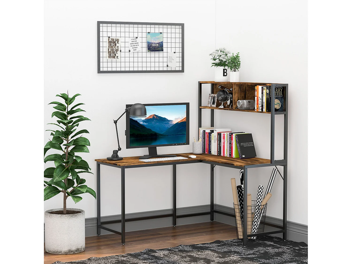 Monoba Reversible L Shaped Desk 120cm with 4 Tier Bookshelf Black and White
