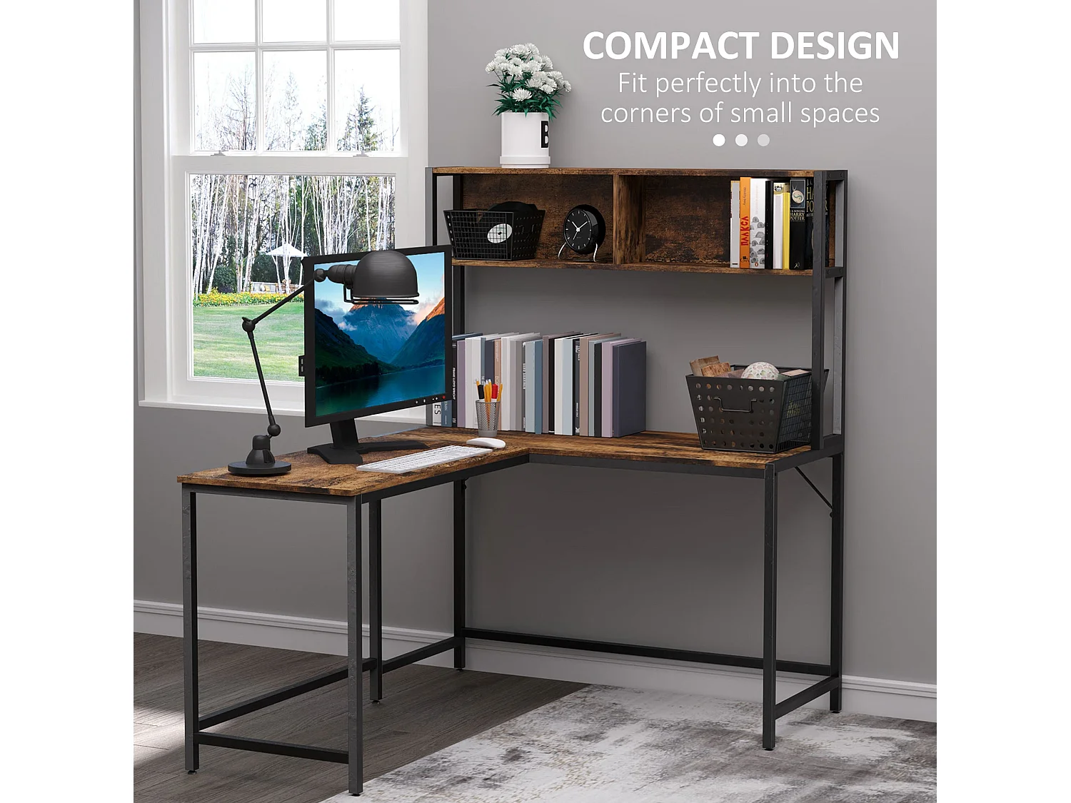 Monoba Reversible L Shaped Desk 120cm with 4 Tier Bookshelf Black and White