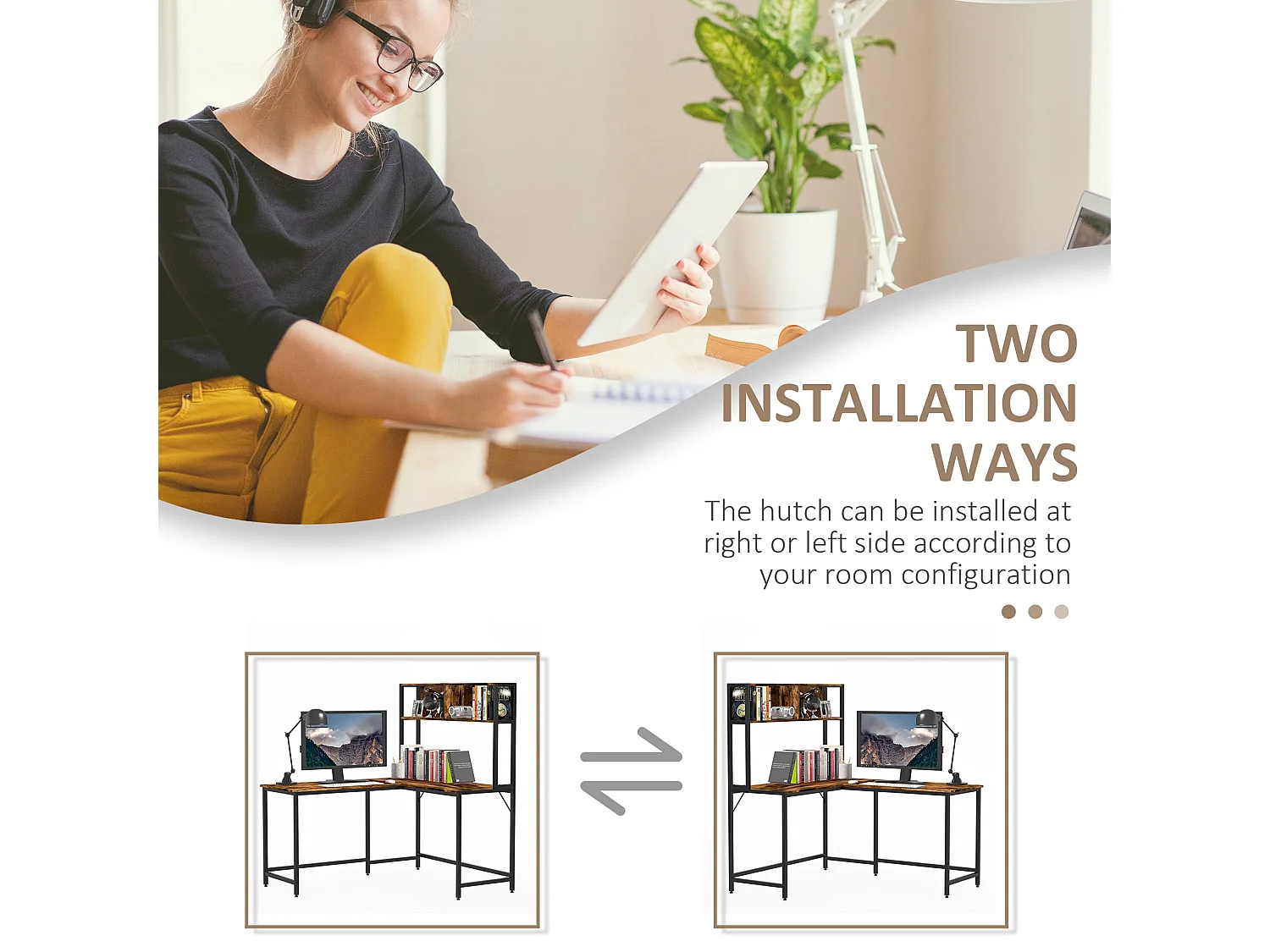 Monoba Reversible L Shaped Desk 120cm with 4 Tier Bookshelf Black and White