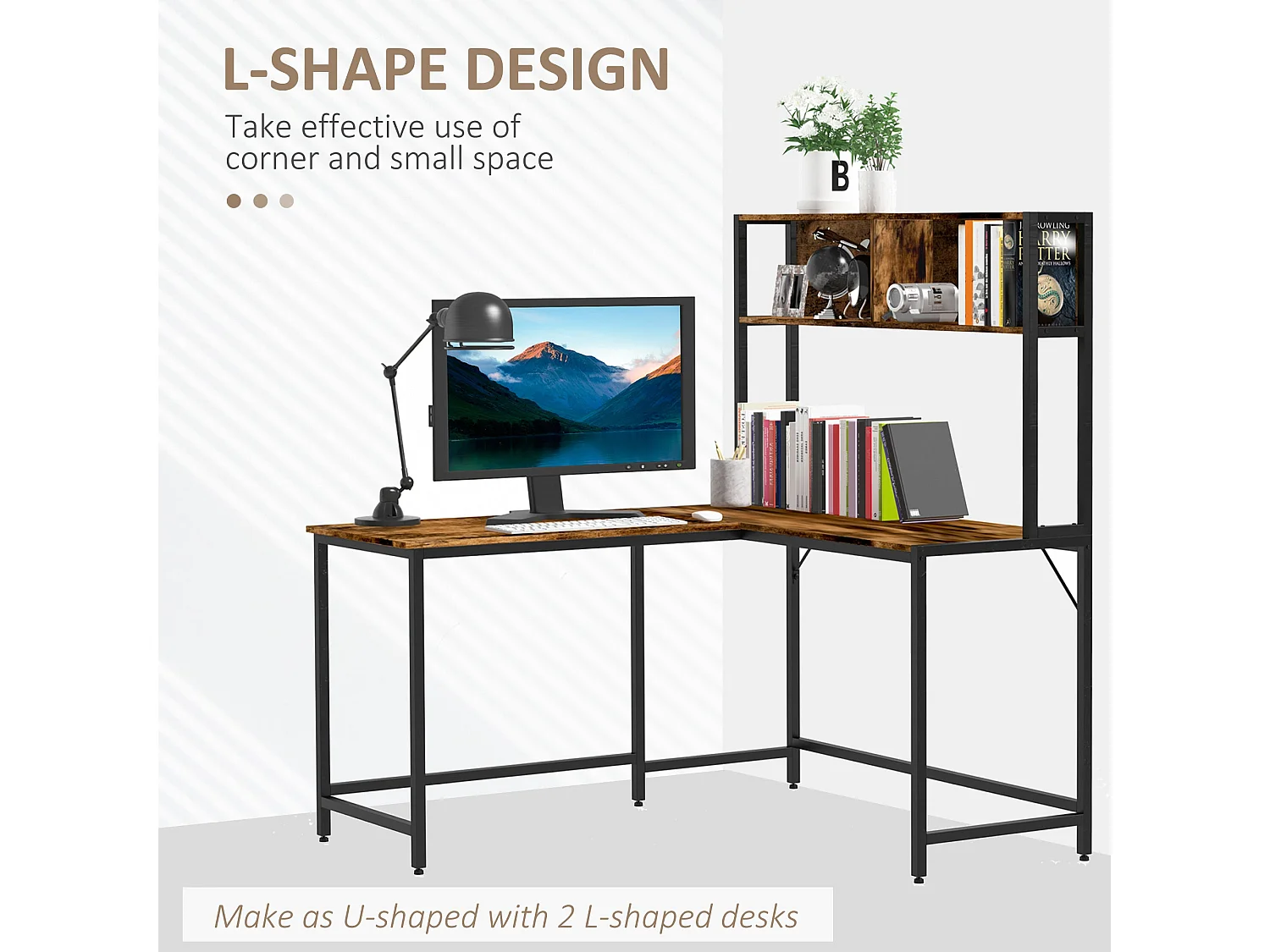 Monoba Reversible L Shaped Desk 120cm with 4 Tier Bookshelf Black and White