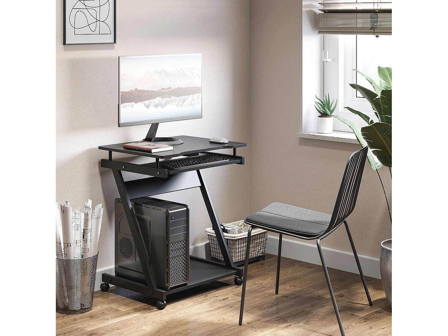 Kamo Mobile Black Computer Desk with Castor Wheels and Sliding Keyboard Tray