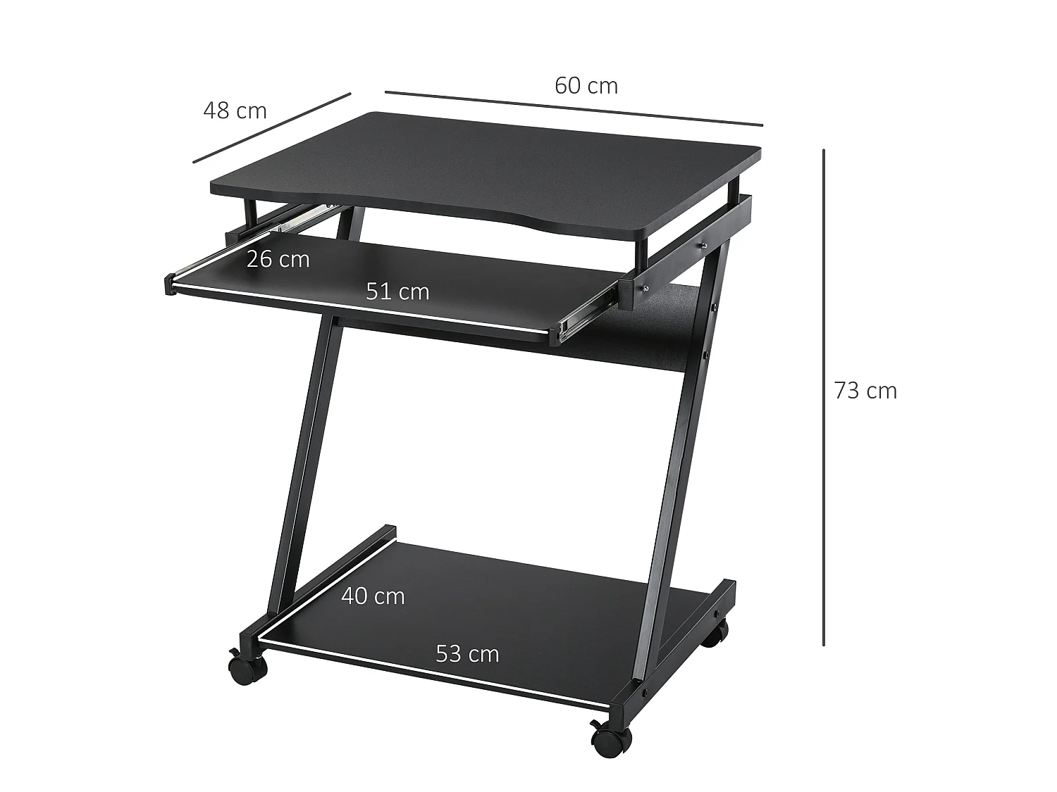 Kamo Mobile Black Computer Desk with Castor Wheels and Sliding Keyboard Tray